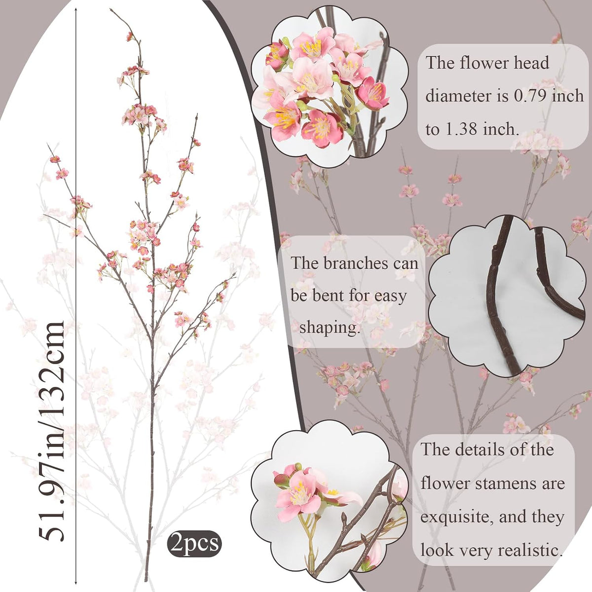 2Pcs Cherry Blossom Branches Long Stems Fake Flowers for Spring Indoor Home Decor 52" Faux Artificial Cherry Flowers for Tall Vase Wedding Office Party Centerpieces Bedroom Decor Champagne Pink
