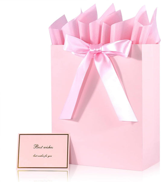 Elegant Pink Gift Bag 10.2"x4.7"x12.2" with Ribbons Handles, Includes Card and Tissue Papers for Weddings, Birthdays, Baby Shower, Parties, Holidays