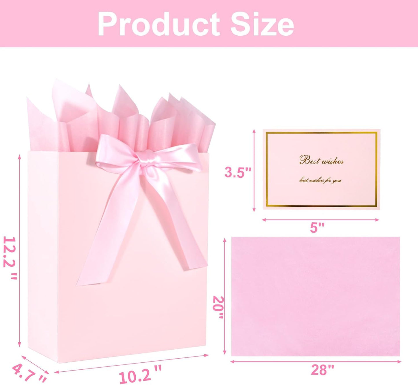 Elegant Pink Gift Bag 10.2"x4.7"x12.2" with Ribbons Handles, Includes Card and Tissue Papers for Weddings, Birthdays, Baby Shower, Parties, Holidays