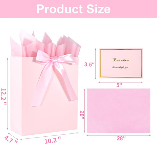 Elegant Pink Gift Bag 10.2"x4.7"x12.2" with Ribbons Handles, Includes Card and Tissue Papers for Weddings, Birthdays, Baby Shower, Parties, Holidays