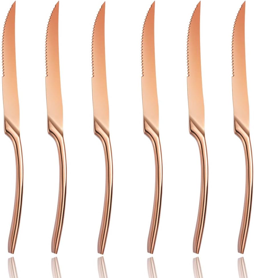Stainless Steel Steak Knives Set of 6,Forge Steak Knife,Serrated Steak Knives Set,6 Piece Heavy Steak Knives-10 inch,Mirror Polished,Dishwasher Safe (Rose gold, 6 Pieces Set)
