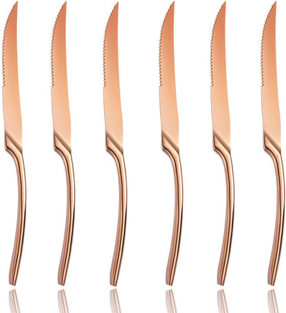 Stainless Steel Steak Knives Set of 6,Forge Steak Knife,Serrated Steak Knives Set,6 Piece Heavy Steak Knives-10 inch,Mirror Polished,Dishwasher Safe (Rose gold, 6 Pieces Set)