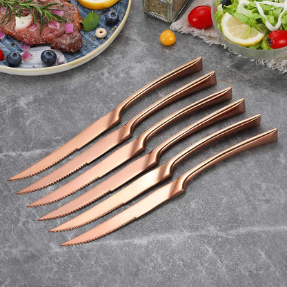 Stainless Steel Steak Knives Set of 6,Forge Steak Knife,Serrated Steak Knives Set,6 Piece Heavy Steak Knives-10 inch,Mirror Polished,Dishwasher Safe (Rose gold, 6 Pieces Set)