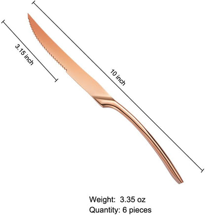 Stainless Steel Steak Knives Set of 6,Forge Steak Knife,Serrated Steak Knives Set,6 Piece Heavy Steak Knives-10 inch,Mirror Polished,Dishwasher Safe (Rose gold, 6 Pieces Set)