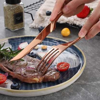 Stainless Steel Steak Knives Set of 6,Forge Steak Knife,Serrated Steak Knives Set,6 Piece Heavy Steak Knives-10 inch,Mirror Polished,Dishwasher Safe (Rose gold, 6 Pieces Set)