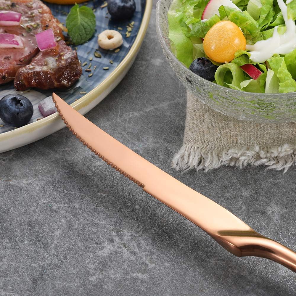 Stainless Steel Steak Knives Set of 6,Forge Steak Knife,Serrated Steak Knives Set,6 Piece Heavy Steak Knives-10 inch,Mirror Polished,Dishwasher Safe (Rose gold, 6 Pieces Set)
