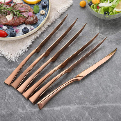 Stainless Steel Steak Knives Set of 6,Forge Steak Knife,Serrated Steak Knives Set,6 Piece Heavy Steak Knives-10 inch,Mirror Polished,Dishwasher Safe (Rose gold, 6 Pieces Set)