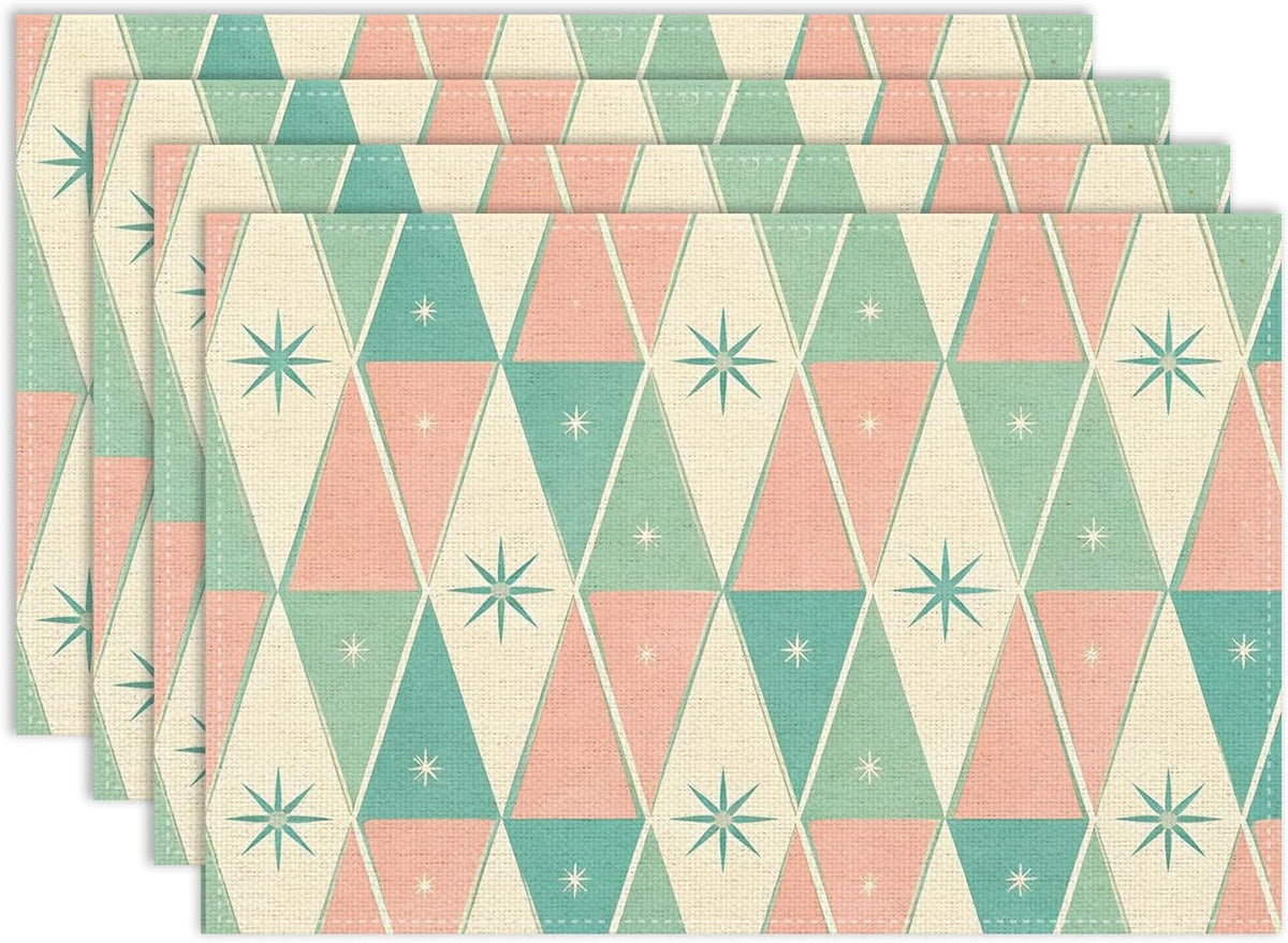 Mid Century Abstract Placemat Set of 6, 12x18 Inch Retro Pink Green Atomic Star Geometric Pattern 1950s Groovy Modern Style Coffee Table Mats for Outdoor Farmhouse Kitchen Dining Table Decoration