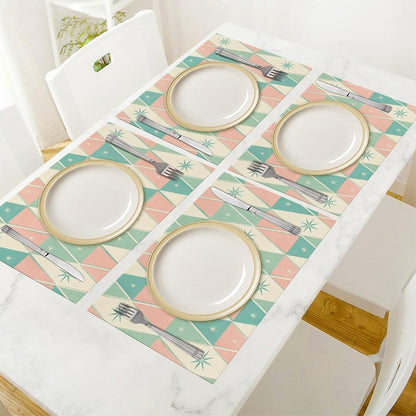 Mid Century Abstract Placemat Set of 6, 12x18 Inch Retro Pink Green Atomic Star Geometric Pattern 1950s Groovy Modern Style Coffee Table Mats for Outdoor Farmhouse Kitchen Dining Table Decoration