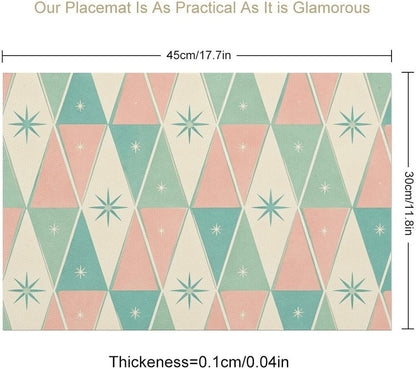 Mid Century Abstract Placemat Set of 6, 12x18 Inch Retro Pink Green Atomic Star Geometric Pattern 1950s Groovy Modern Style Coffee Table Mats for Outdoor Farmhouse Kitchen Dining Table Decoration
