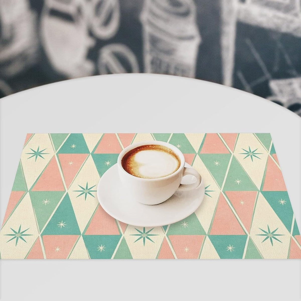 Mid Century Abstract Placemat Set of 6, 12x18 Inch Retro Pink Green Atomic Star Geometric Pattern 1950s Groovy Modern Style Coffee Table Mats for Outdoor Farmhouse Kitchen Dining Table Decoration