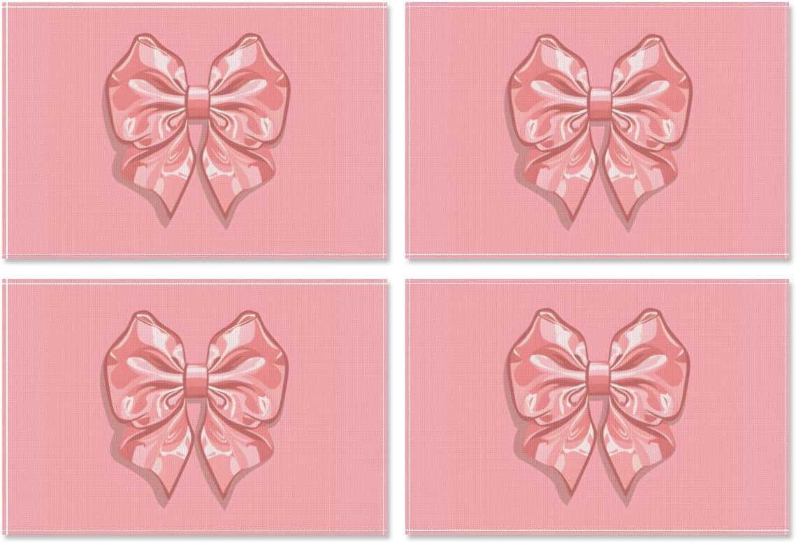 Set of 4 Placemats, Wipeable Washable Heat-Resistant Linen Fabric Table Place Mats, Non-Slip Cute Placemat for Kitchen Table Wedding Party Indoor/Outdoor Decor Bow (Pink Bow)