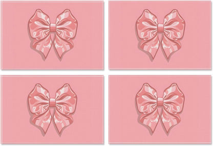 Set of 4 Placemats, Wipeable Washable Heat-Resistant Linen Fabric Table Place Mats, Non-Slip Cute Placemat for Kitchen Table Wedding Party Indoor/Outdoor Decor Bow (Pink Bow)