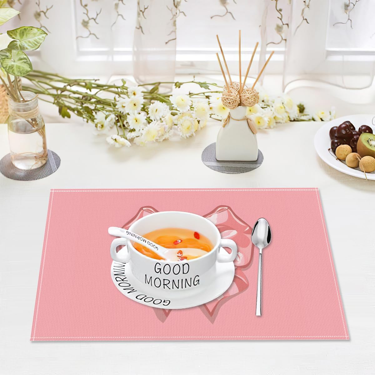Set of 4 Placemats, Wipeable Washable Heat-Resistant Linen Fabric Table Place Mats, Non-Slip Cute Placemat for Kitchen Table Wedding Party Indoor/Outdoor Decor Bow (Pink Bow)