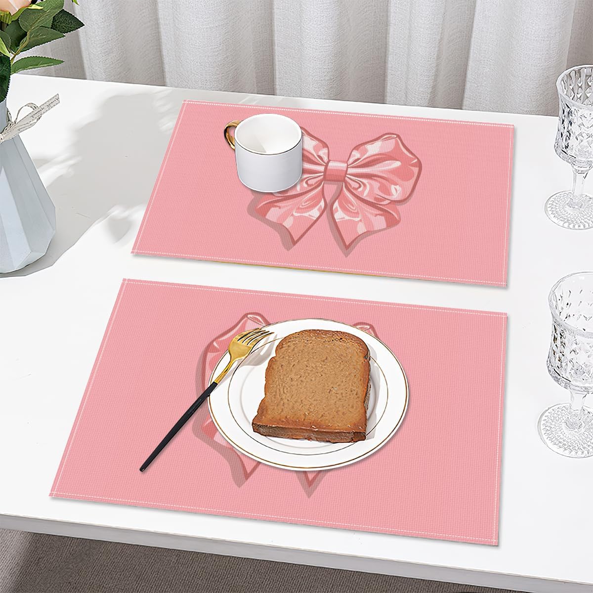 Set of 4 Placemats, Wipeable Washable Heat-Resistant Linen Fabric Table Place Mats, Non-Slip Cute Placemat for Kitchen Table Wedding Party Indoor/Outdoor Decor Bow (Pink Bow)