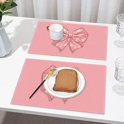Set of 4 Placemats, Wipeable Washable Heat-Resistant Linen Fabric Table Place Mats, Non-Slip Cute Placemat for Kitchen Table Wedding Party Indoor/Outdoor Decor Bow (Pink Bow)