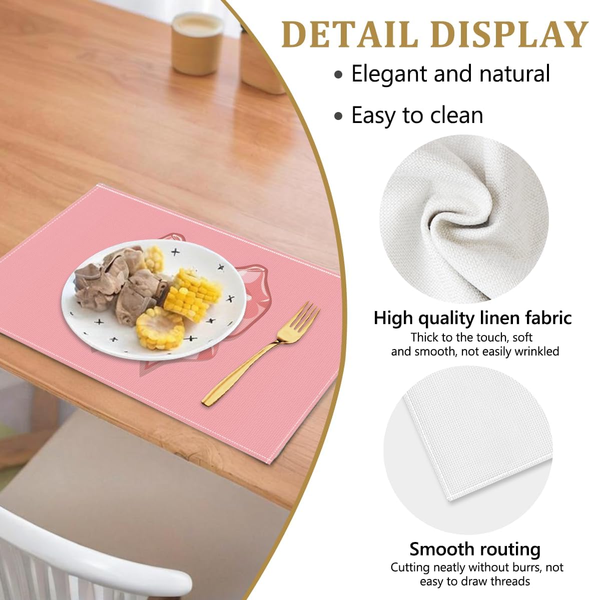 Set of 4 Placemats, Wipeable Washable Heat-Resistant Linen Fabric Table Place Mats, Non-Slip Cute Placemat for Kitchen Table Wedding Party Indoor/Outdoor Decor Bow (Pink Bow)