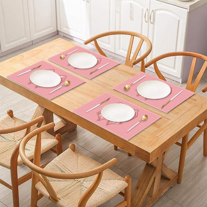 Set of 4 Placemats, Wipeable Washable Heat-Resistant Linen Fabric Table Place Mats, Non-Slip Cute Placemat for Kitchen Table Wedding Party Indoor/Outdoor Decor Bow (Pink Bow)