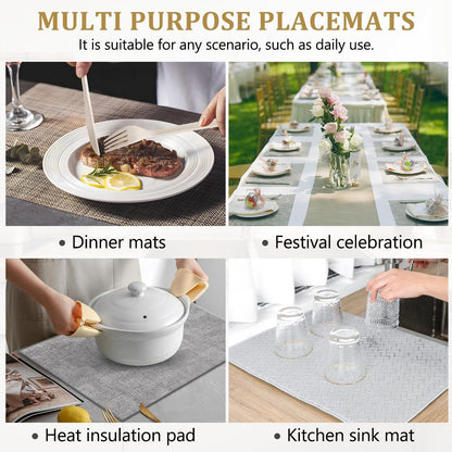 Set of 4 Placemats, Wipeable Washable Heat-Resistant Linen Fabric Table Place Mats, Non-Slip Cute Placemat for Kitchen Table Wedding Party Indoor/Outdoor Decor Bow (Pink Bow)