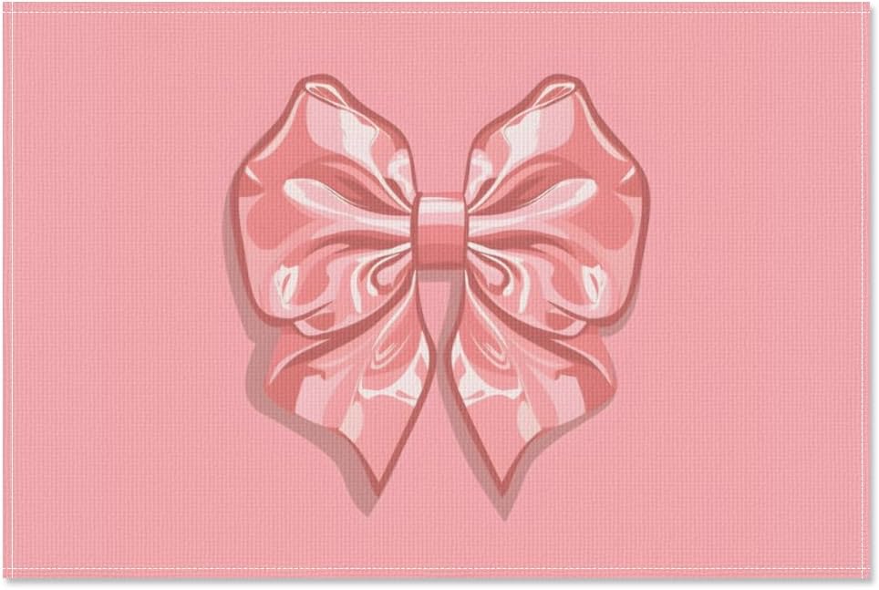 Set of 4 Placemats, Wipeable Washable Heat-Resistant Linen Fabric Table Place Mats, Non-Slip Cute Placemat for Kitchen Table Wedding Party Indoor/Outdoor Decor Bow (Pink Bow)