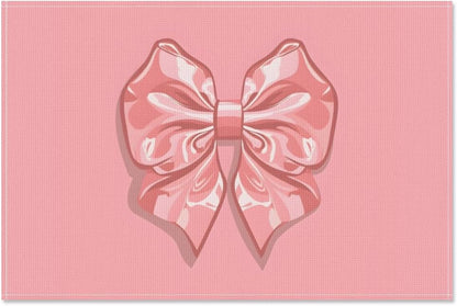 Set of 4 Placemats, Wipeable Washable Heat-Resistant Linen Fabric Table Place Mats, Non-Slip Cute Placemat for Kitchen Table Wedding Party Indoor/Outdoor Decor Bow (Pink Bow)
