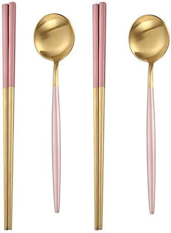 2 Pairs of Chopsticks & 2 Spoons Flatware set Dinner Stainless Steel - Pink Gold