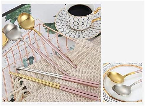 2 Pairs of Chopsticks & 2 Spoons Flatware set Dinner Stainless Steel - Pink Gold