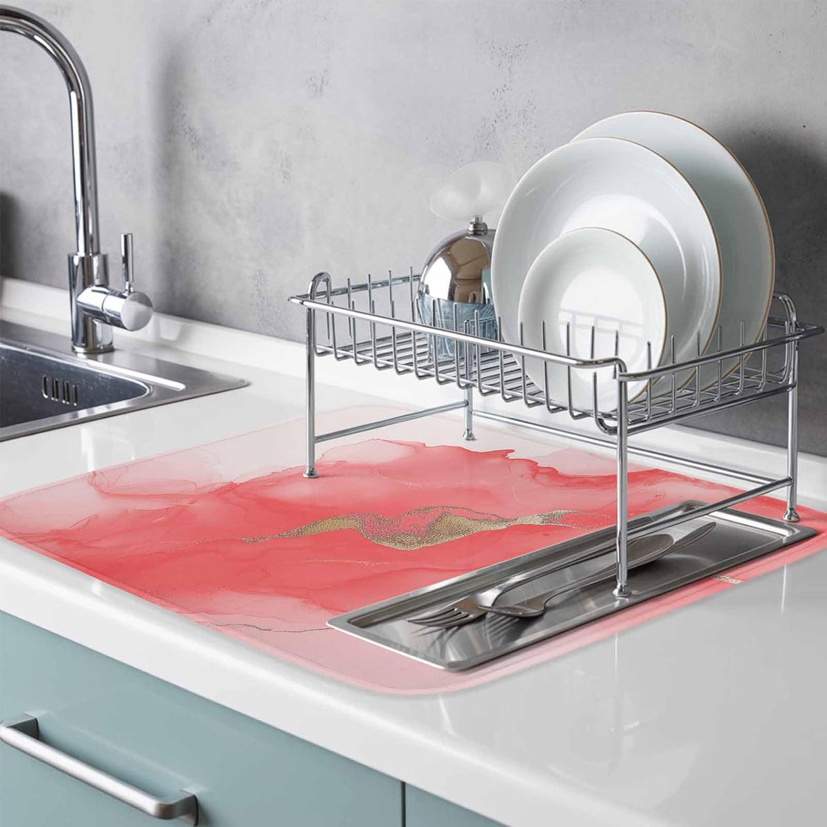 Dish Drying Mat Abstract Ombre Pink Marble Kitchen Counter Drying Pad for Dishes Glasses Cups and Cookware White Modern Art Absorbent Dish Drying Mat Machine Washable Kitchen Accessories 18" x 24"