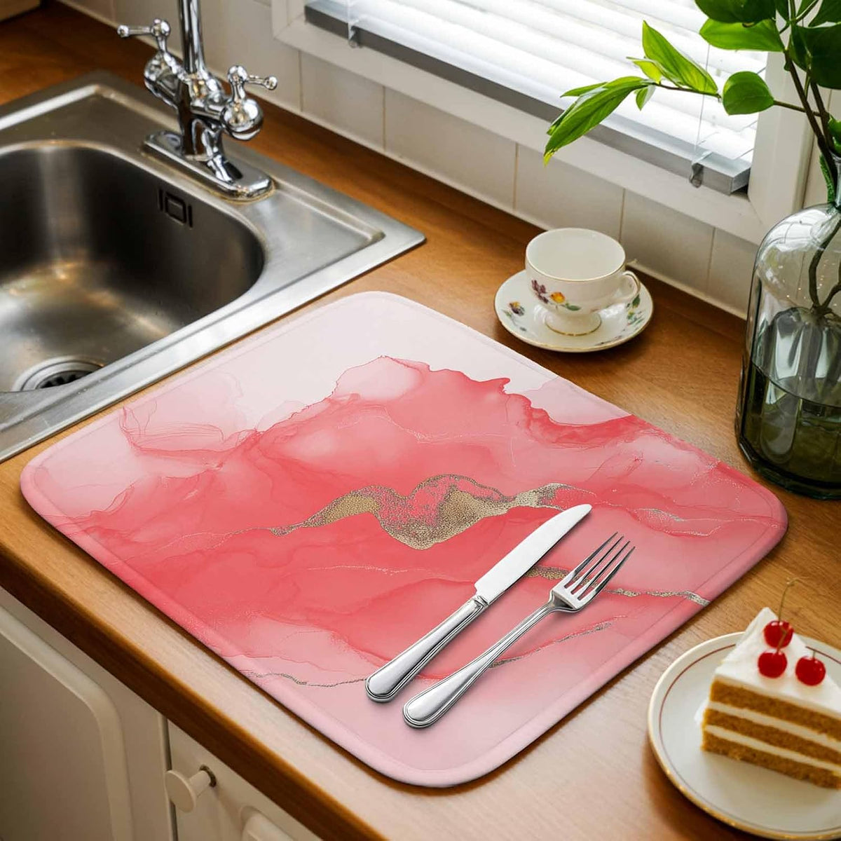 Dish Drying Mat Abstract Ombre Pink Marble Kitchen Counter Drying Pad for Dishes Glasses Cups and Cookware White Modern Art Absorbent Dish Drying Mat Machine Washable Kitchen Accessories 18" x 24"