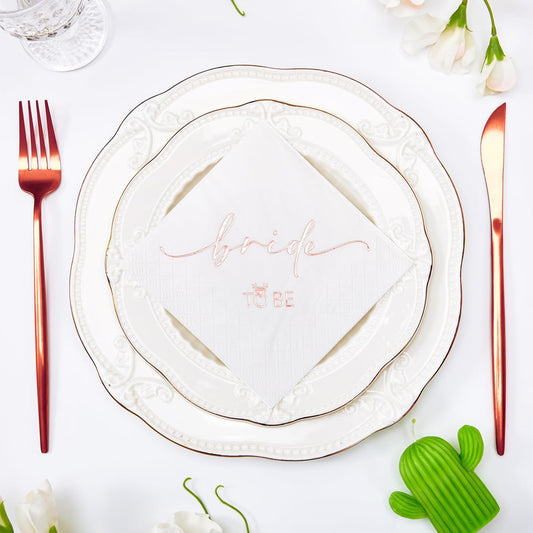 50 Pcs Bride to Be Rose Gold Foil Cocktail Disposable Paper Napkins for Engagement, Wedding, Bridal Shower Party Decoration, 3-Ply