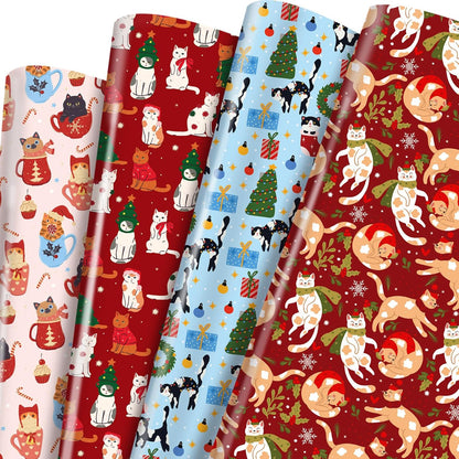 Christmas Cat Wrapping Paper - 12 Sheets Red Green Pink Tone Gift Wrap with Cute Cats Prints, Cartoon Art Paper for Xmas Birthday Baby Shower DIY Crafts Packing, 19.7 x 27.6 Inch