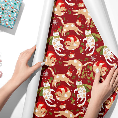 Christmas Cat Wrapping Paper - 12 Sheets Red Green Pink Tone Gift Wrap with Cute Cats Prints, Cartoon Art Paper for Xmas Birthday Baby Shower DIY Crafts Packing, 19.7 x 27.6 Inch