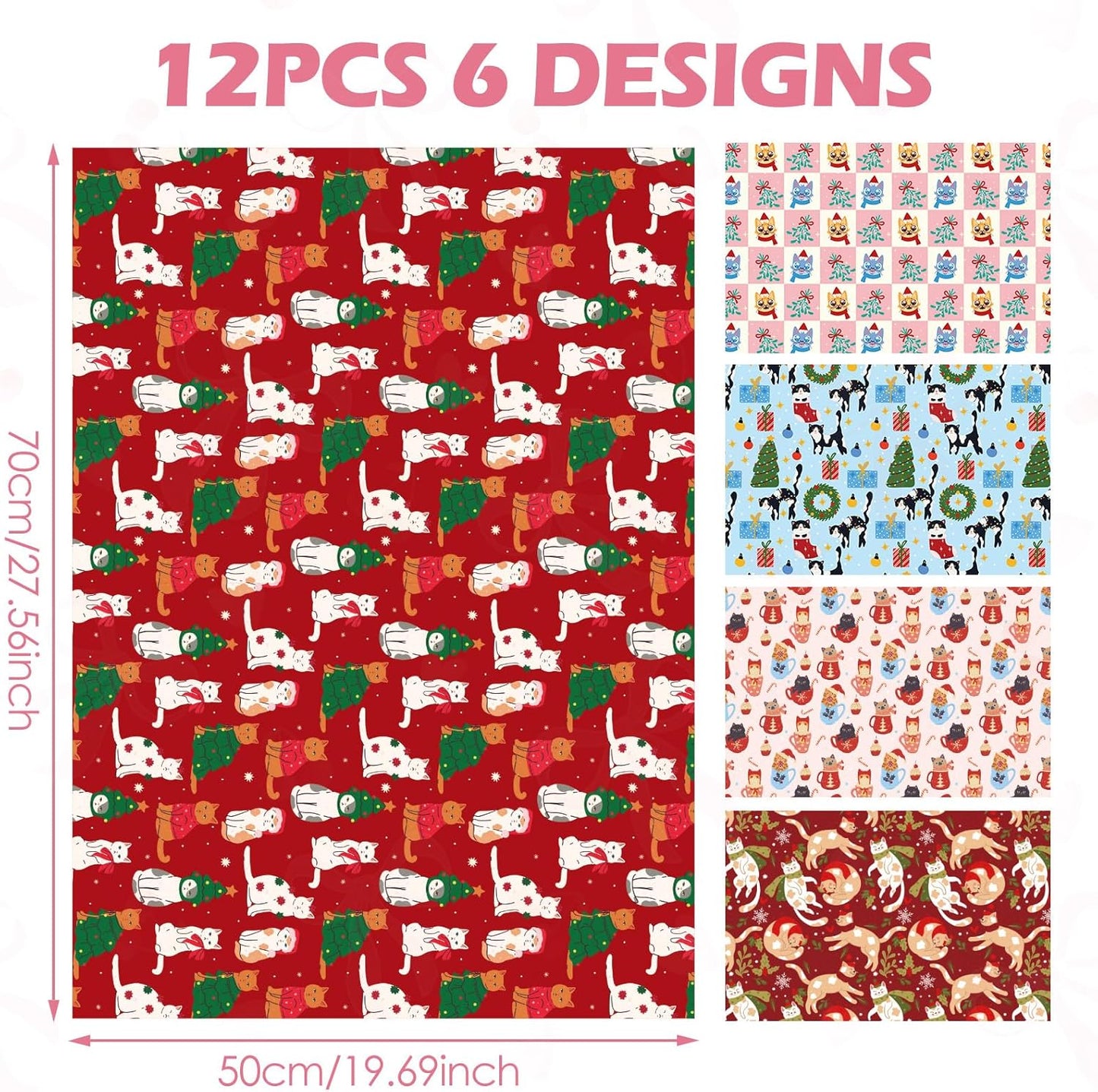 Christmas Cat Wrapping Paper - 12 Sheets Red Green Pink Tone Gift Wrap with Cute Cats Prints, Cartoon Art Paper for Xmas Birthday Baby Shower DIY Crafts Packing, 19.7 x 27.6 Inch
