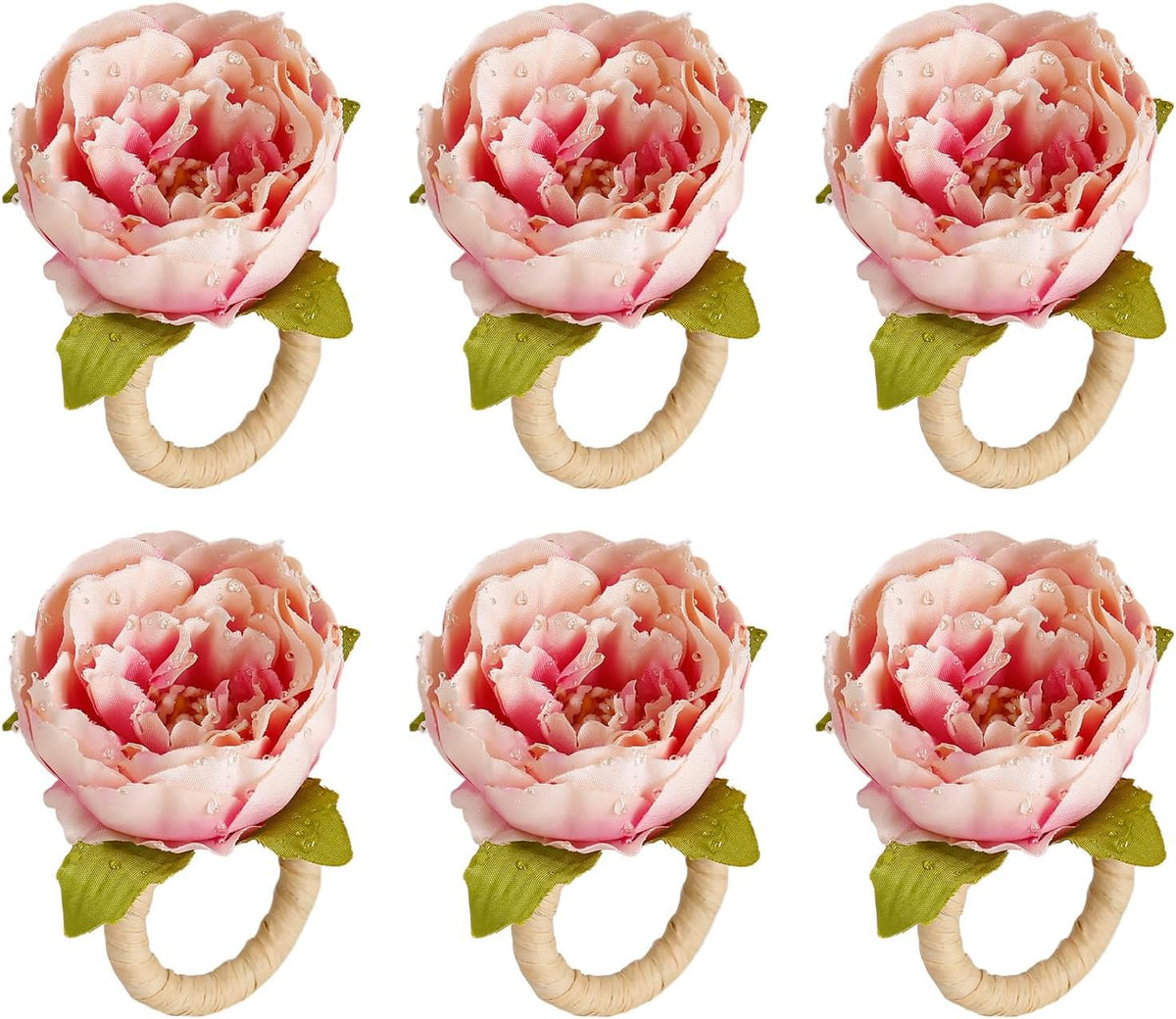 Pink Flower Napkin Rings Set of 6, Faux Floral Rose Napkin Ring Buckles Holder for Mother's Day, Valentines Day, Wedding, Family Gathering, Table Decor, Dinner Setting (Rose Pink)