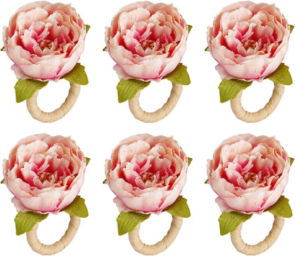 Pink Flower Napkin Rings Set of 6, Faux Floral Rose Napkin Ring Buckles Holder for Mother's Day, Valentines Day, Wedding, Family Gathering, Table Decor, Dinner Setting (Rose Pink)