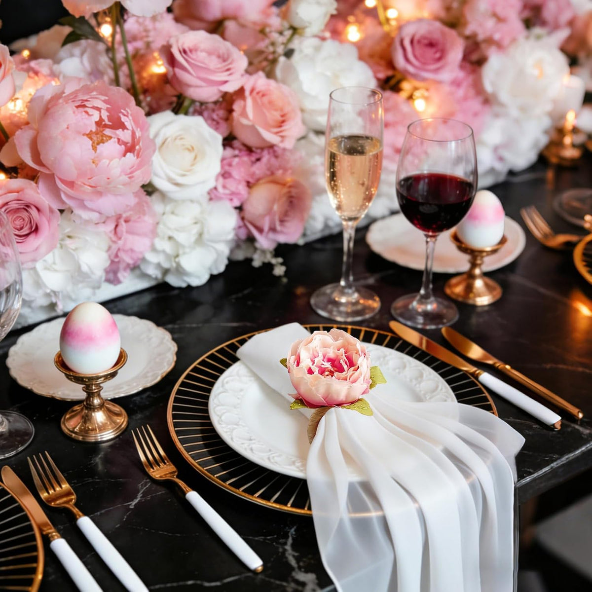 Pink Flower Napkin Rings Set of 6, Faux Floral Rose Napkin Ring Buckles Holder for Mother's Day, Valentines Day, Wedding, Family Gathering, Table Decor, Dinner Setting (Rose Pink)