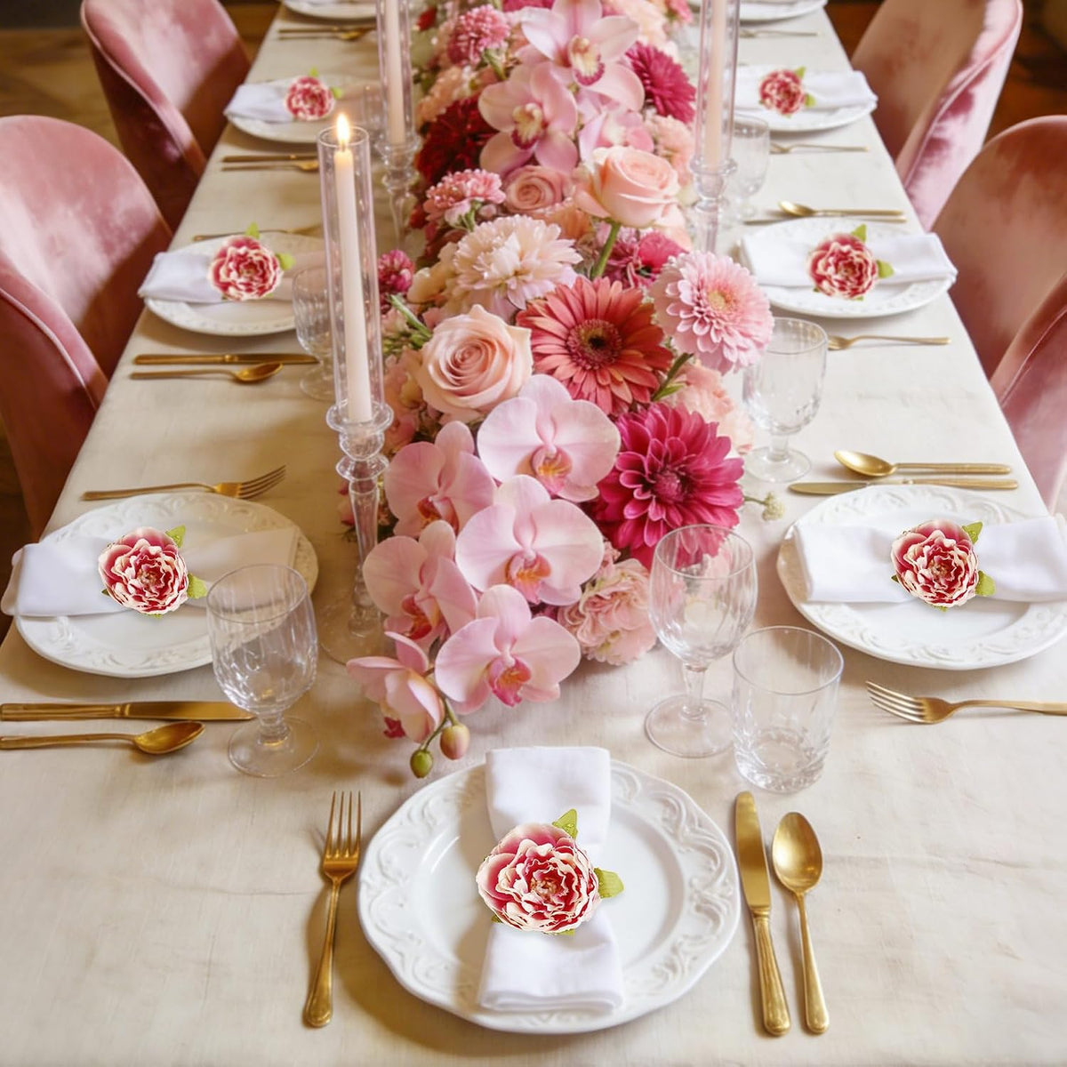 Pink Flower Napkin Rings Set of 6, Faux Floral Rose Napkin Ring Buckles Holder for Mother's Day, Valentines Day, Wedding, Family Gathering, Table Decor, Dinner Setting (Rose Pink)