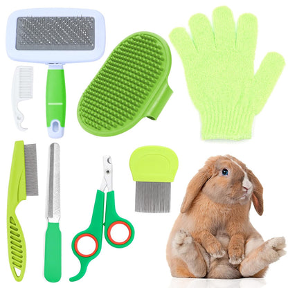 8 Pcs Small Animal Grooming Kit, Pink with Pet Nail Clipper and File, Flea Comb, Pet Shampoo Bath Brush, Pet Shedding Slicker Brush, Bath Massage Glove, Cleaning Comb (Green)