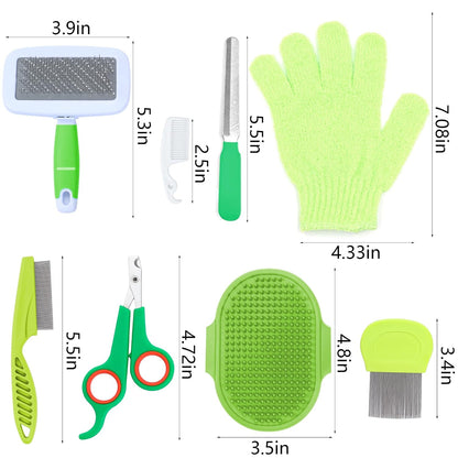 8 Pcs Small Animal Grooming Kit, Pink with Pet Nail Clipper and File, Flea Comb, Pet Shampoo Bath Brush, Pet Shedding Slicker Brush, Bath Massage Glove, Cleaning Comb (Green)