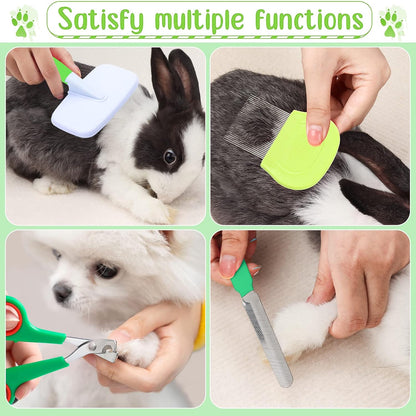 8 Pcs Small Animal Grooming Kit, Pink with Pet Nail Clipper and File, Flea Comb, Pet Shampoo Bath Brush, Pet Shedding Slicker Brush, Bath Massage Glove, Cleaning Comb (Green)