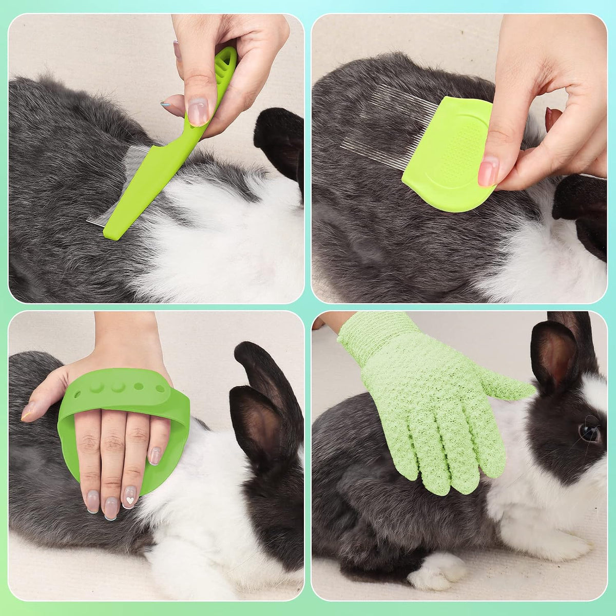 8 Pcs Small Animal Grooming Kit, Pink with Pet Nail Clipper and File, Flea Comb, Pet Shampoo Bath Brush, Pet Shedding Slicker Brush, Bath Massage Glove, Cleaning Comb (Green)