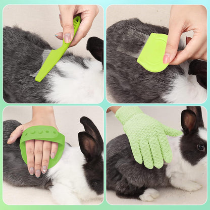 8 Pcs Small Animal Grooming Kit, Pink with Pet Nail Clipper and File, Flea Comb, Pet Shampoo Bath Brush, Pet Shedding Slicker Brush, Bath Massage Glove, Cleaning Comb (Green)