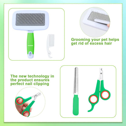 8 Pcs Small Animal Grooming Kit, Pink with Pet Nail Clipper and File, Flea Comb, Pet Shampoo Bath Brush, Pet Shedding Slicker Brush, Bath Massage Glove, Cleaning Comb (Green)