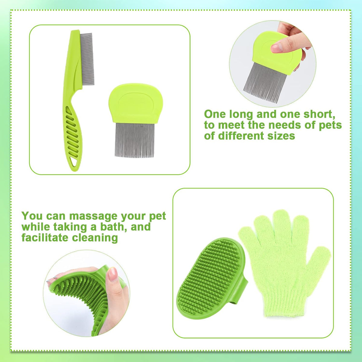 8 Pcs Small Animal Grooming Kit, Pink with Pet Nail Clipper and File, Flea Comb, Pet Shampoo Bath Brush, Pet Shedding Slicker Brush, Bath Massage Glove, Cleaning Comb (Green)