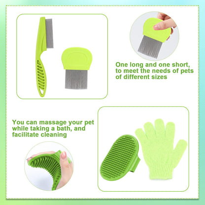 8 Pcs Small Animal Grooming Kit, Pink with Pet Nail Clipper and File, Flea Comb, Pet Shampoo Bath Brush, Pet Shedding Slicker Brush, Bath Massage Glove, Cleaning Comb (Green)