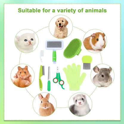 8 Pcs Small Animal Grooming Kit, Pink with Pet Nail Clipper and File, Flea Comb, Pet Shampoo Bath Brush, Pet Shedding Slicker Brush, Bath Massage Glove, Cleaning Comb (Green)