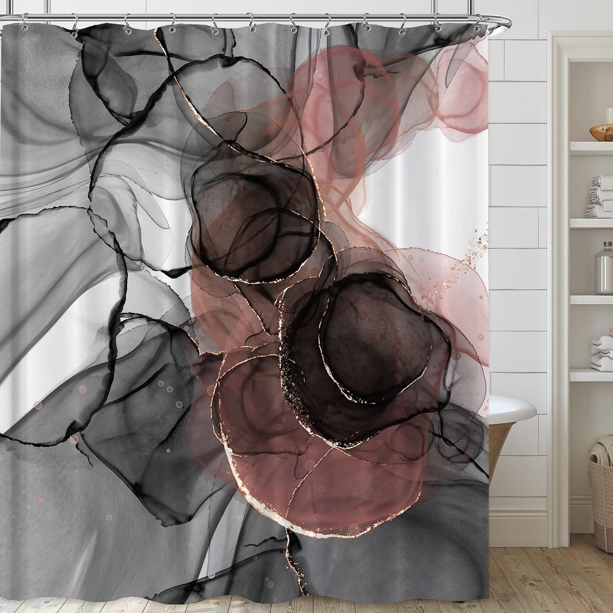 Pink Marble Abstract Shower Curtain - Rose Gold Black Luxury Ombre for Bathroom Set - Modern Red Black Watercolor Texture Ink Paint Waterproof for Bathtub 72x72 Inch