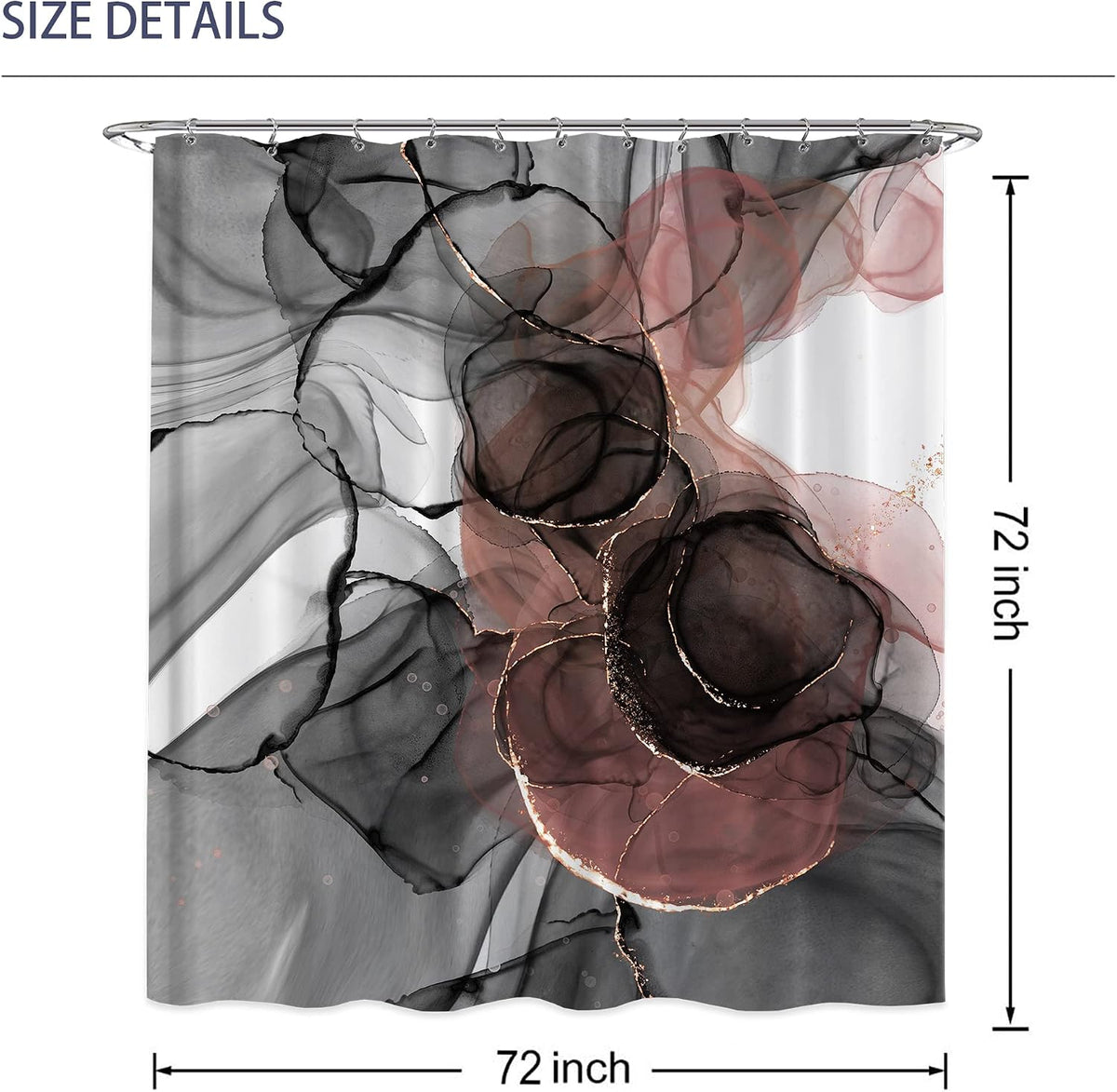 Pink Marble Abstract Shower Curtain - Rose Gold Black Luxury Ombre for Bathroom Set - Modern Red Black Watercolor Texture Ink Paint Waterproof for Bathtub 72x72 Inch