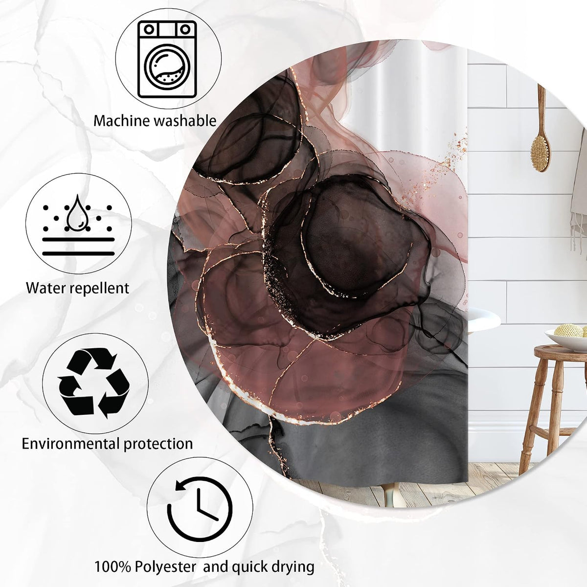 Pink Marble Abstract Shower Curtain - Rose Gold Black Luxury Ombre for Bathroom Set - Modern Red Black Watercolor Texture Ink Paint Waterproof for Bathtub 72x72 Inch