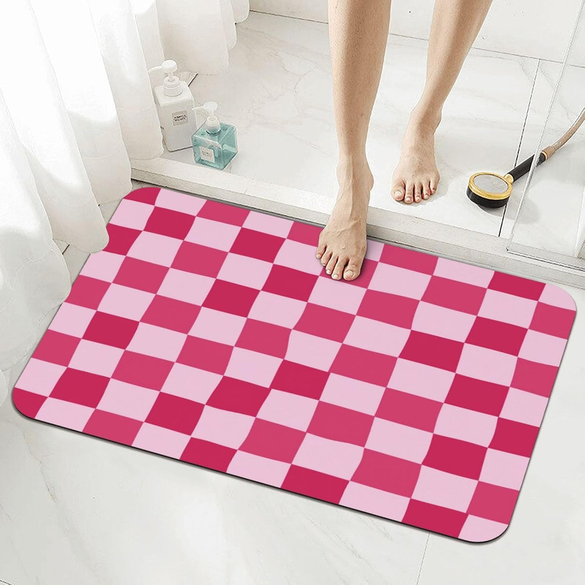 Bath Mat Pink Checkerboard Pattern Absorbent Non Slip Doormat 15.7x23.6 in Washable Diatomaceous Shower Mat Floor Mats for Bathroom Kitchen Entryway